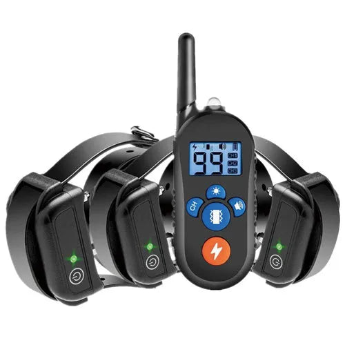 Remote control electric dog training collar with black adjustable strap and receiver on a light background