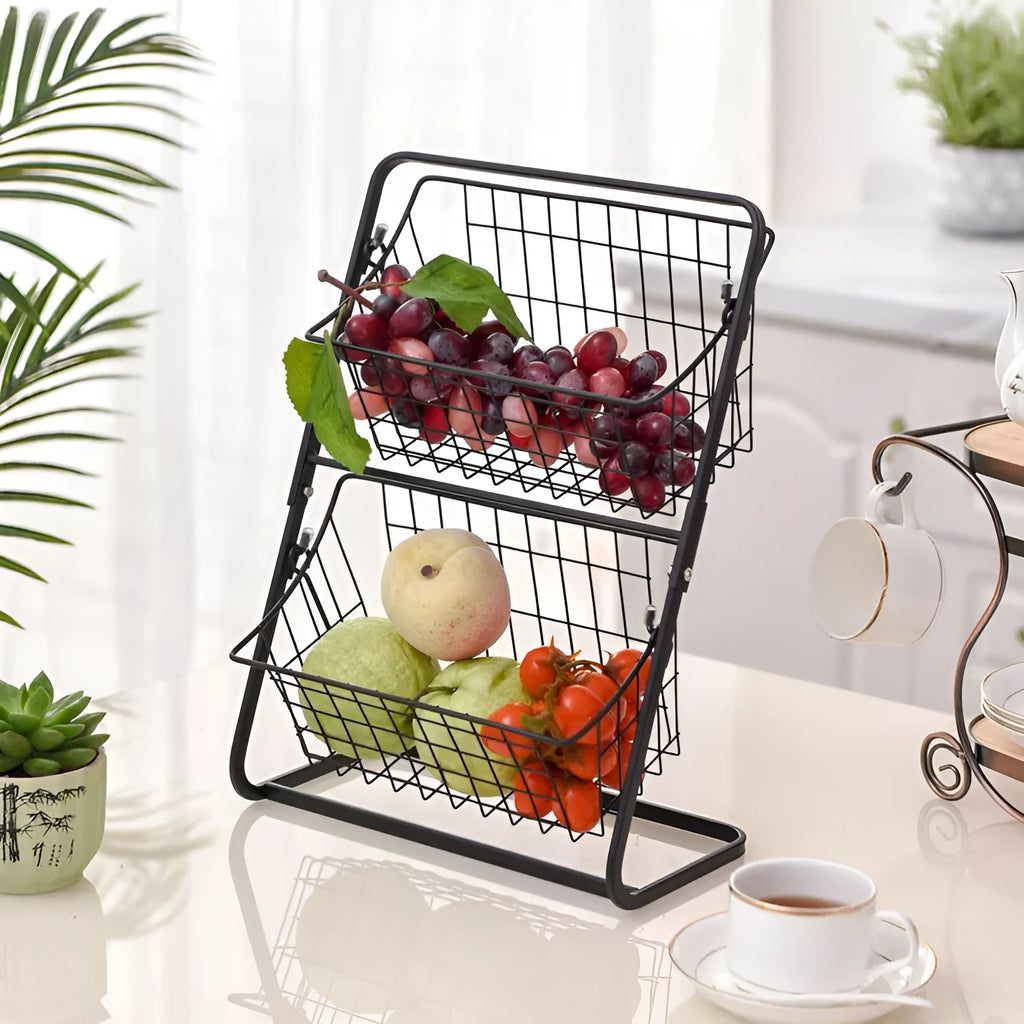 2-tier black iron kitchen storage rack with hollowed sides on countertop