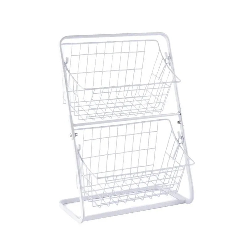 2-tier black iron kitchen storage rack with hollowed sides on countertop