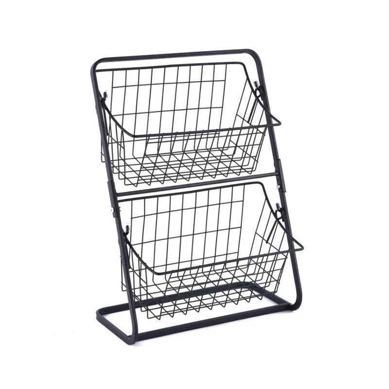 2-tier black iron kitchen storage rack with hollowed sides on countertop