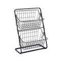 2-tier black iron kitchen storage rack with hollowed sides on countertop