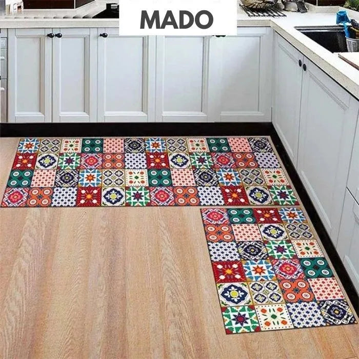 Machine woven leather kitchen floor mat with geometric pattern in black, 40x60cm size