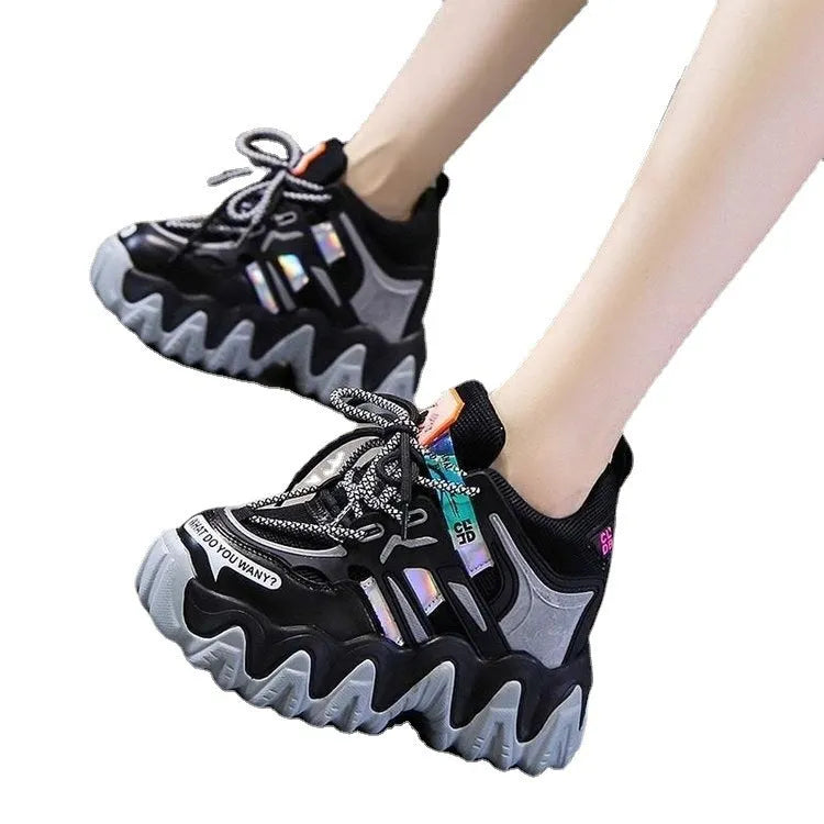 Women's inner height platform casual sports shoes with cross straps, artificial PU upper, grey colour option