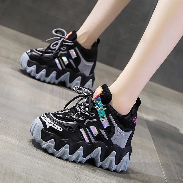 Women's inner height platform casual sports shoes with cross straps, artificial PU upper, grey colour option