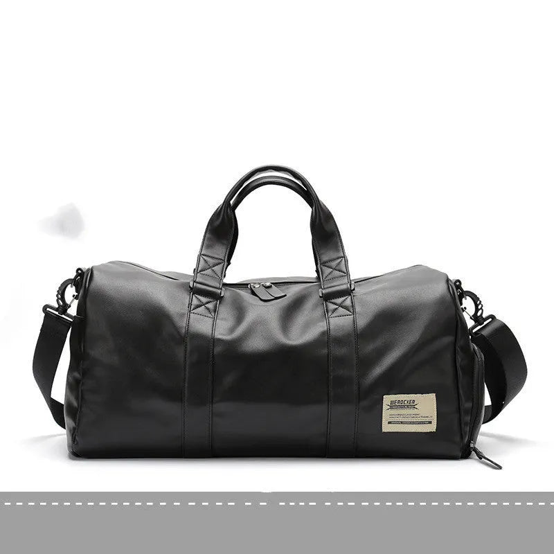 Black waterproof PU leather sports training bag showing multiple internal compartments and carrying handles