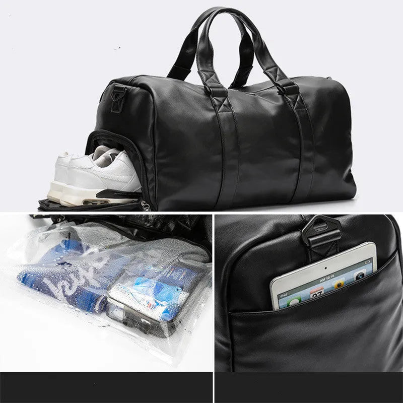 Black waterproof PU leather sports training bag showing multiple internal compartments and carrying handles