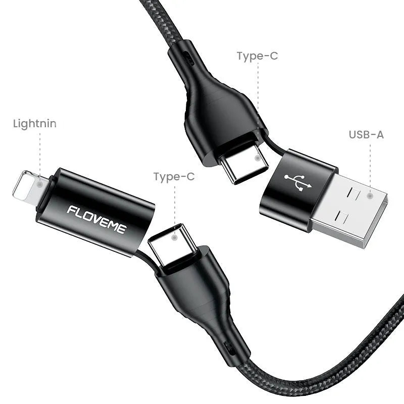 Black braided 4-in-1 mobile phone data cable showing multiple connector types including USB-C and Apple Lightning