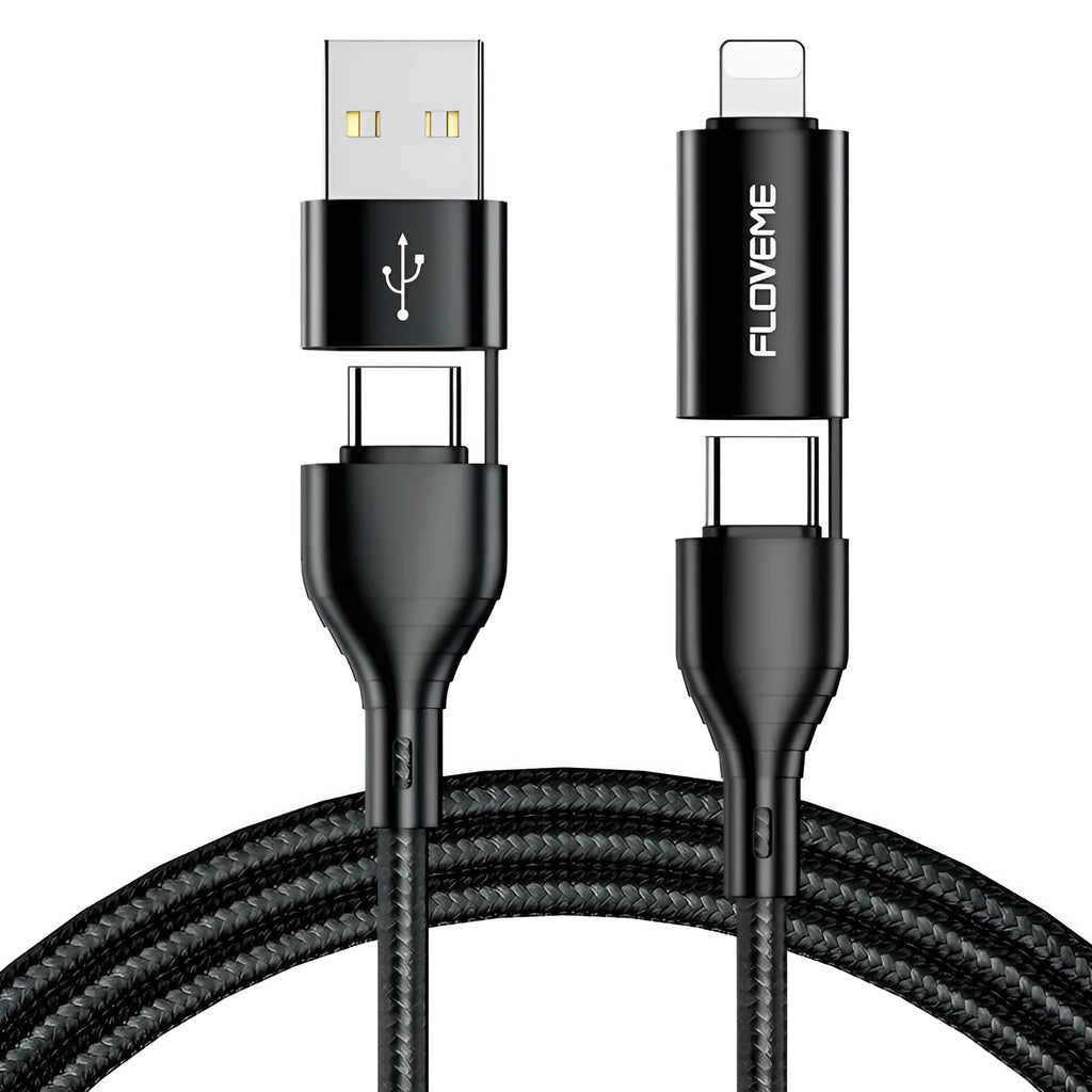 Black braided 4-in-1 mobile phone data cable showing multiple connector types including USB-C and Apple Lightning