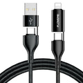 Black braided 4-in-1 mobile phone data cable showing multiple connector types including USB-C and Apple Lightning
