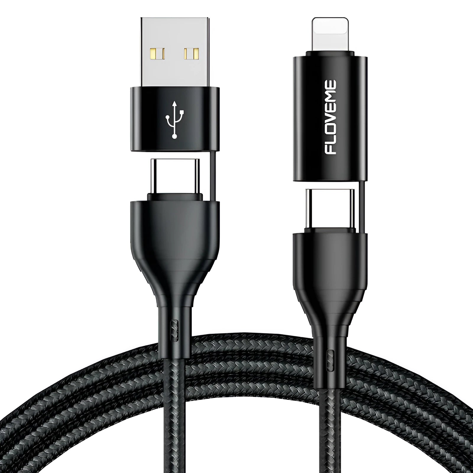 Black braided 4-in-1 mobile phone data cable showing multiple connector types including USB-C and Apple Lightning