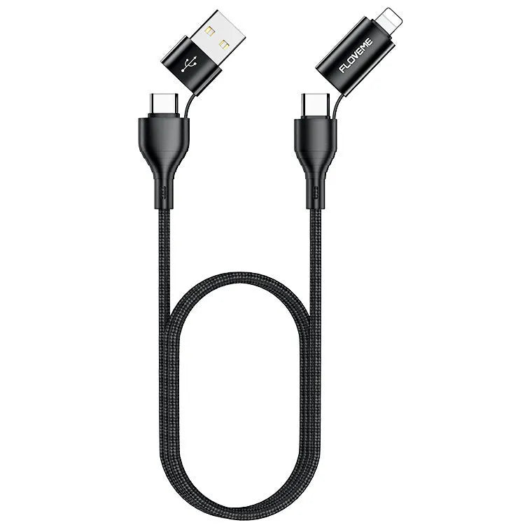 Black braided 4-in-1 mobile phone data cable showing multiple connector types including USB-C and Apple Lightning