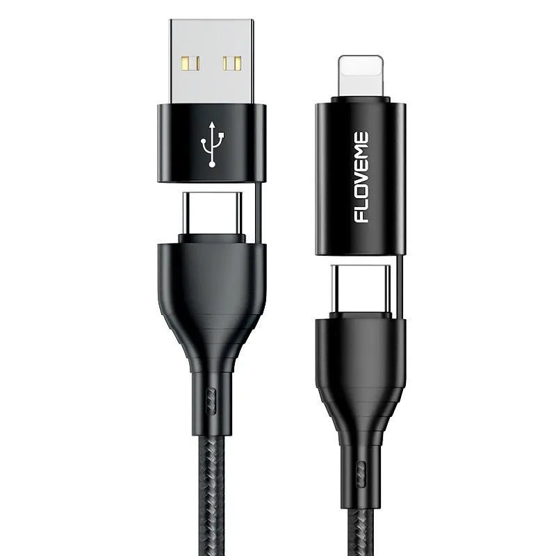 Black braided 4-in-1 mobile phone data cable showing multiple connector types including USB-C and Apple Lightning