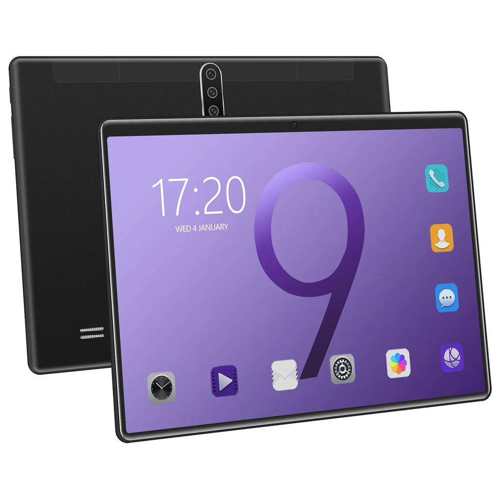 10 inch tablet PC with GPS and dual SIM – Black front view showing IPS screen and menu icons