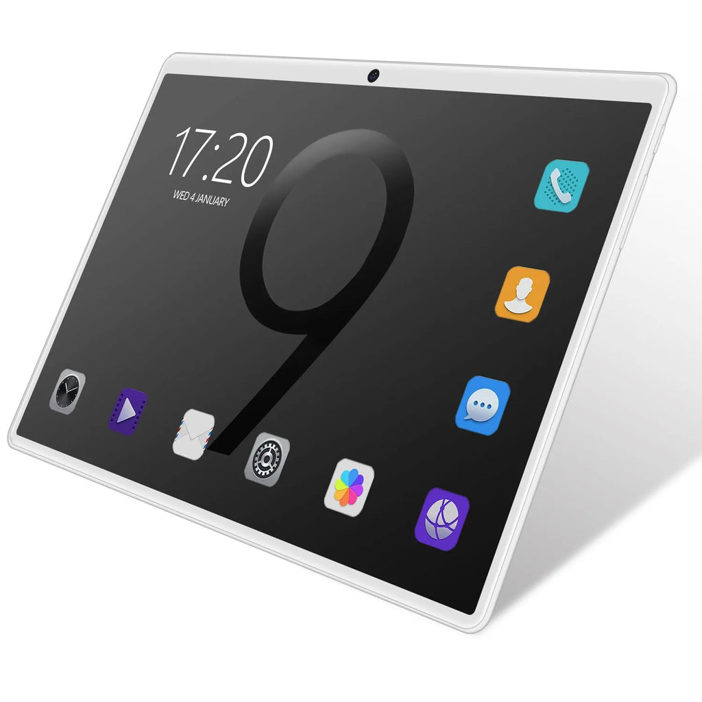 10 inch tablet PC with GPS and dual SIM – Black front view showing IPS screen and menu icons