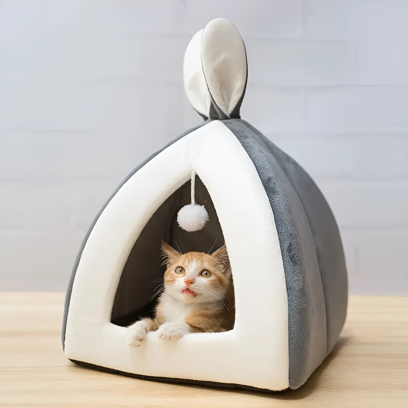 Grey, pink, or yellow cloth cat house pet bed available in small, medium, large, and extra-large sizes.
