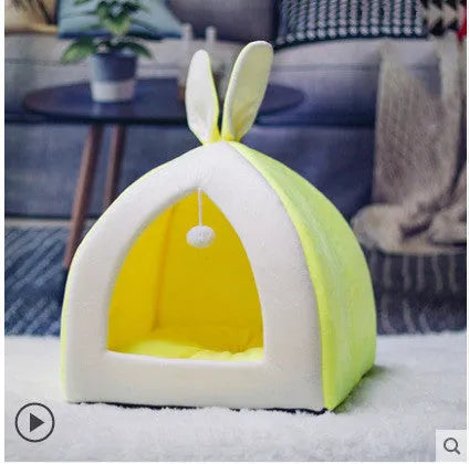 Grey, pink, or yellow cloth cat house pet bed available in small, medium, large, and extra-large sizes.