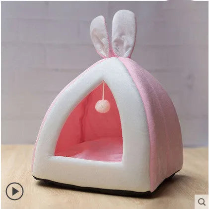 Grey, pink, or yellow cloth cat house pet bed available in small, medium, large, and extra-large sizes.