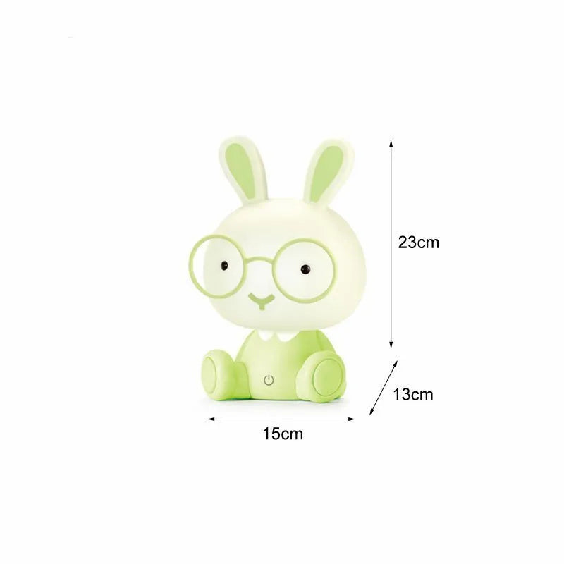 USB-powered cartoon rabbit night light with glasses in blue, green, or pink colour options