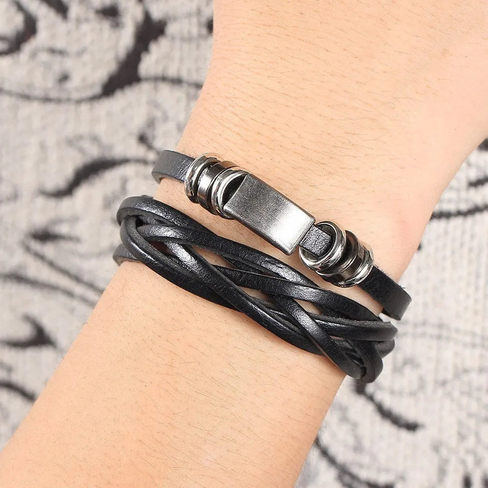 Men's multilayer braided wristband bracelet in brown or black colour options