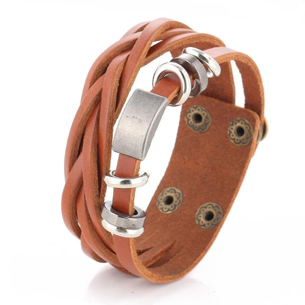 Men's multilayer braided wristband bracelet in brown or black colour options
