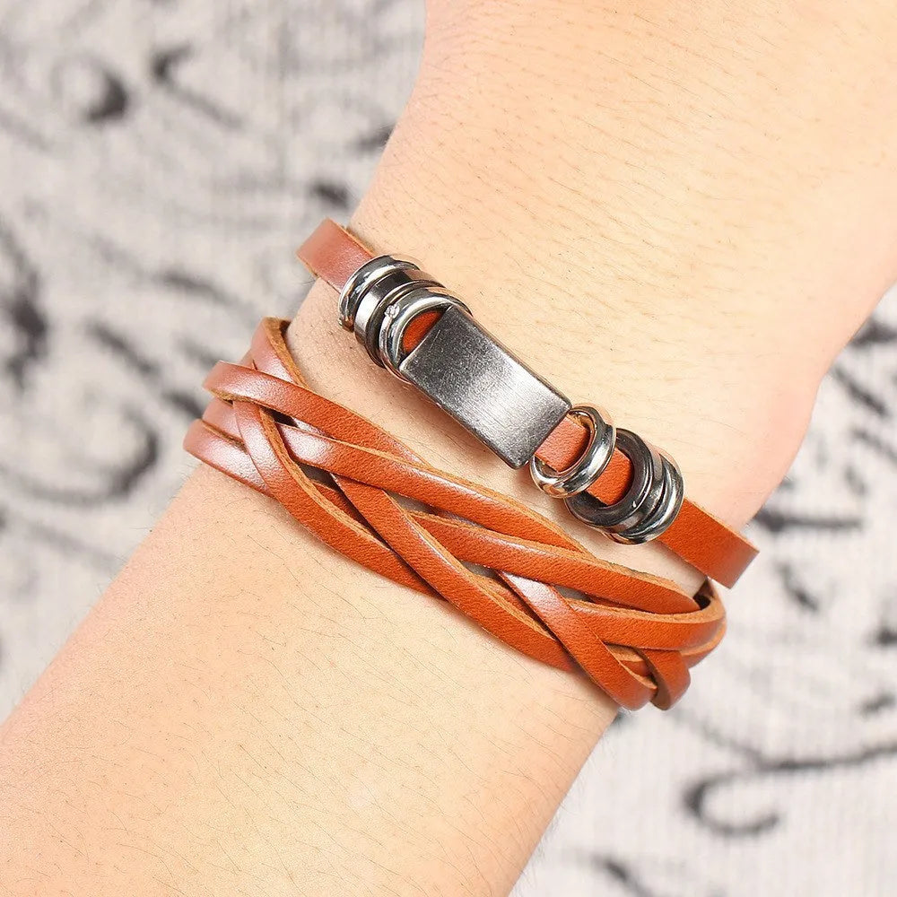 Men's multilayer braided wristband bracelet in brown or black colour options