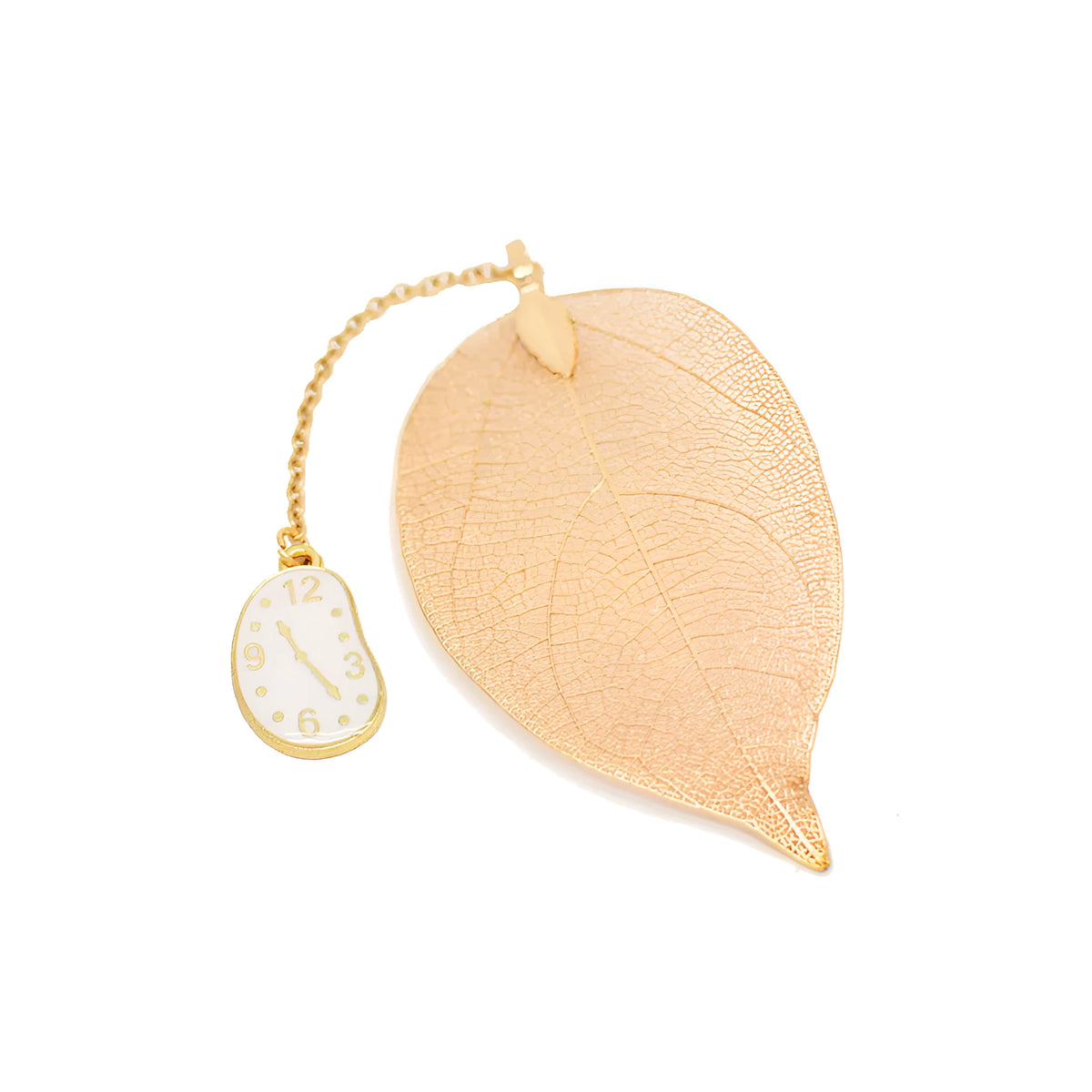 Kc alloy leaf bookmark with a choice of Alice, rabbit, or clock charm, shown with dimensions.