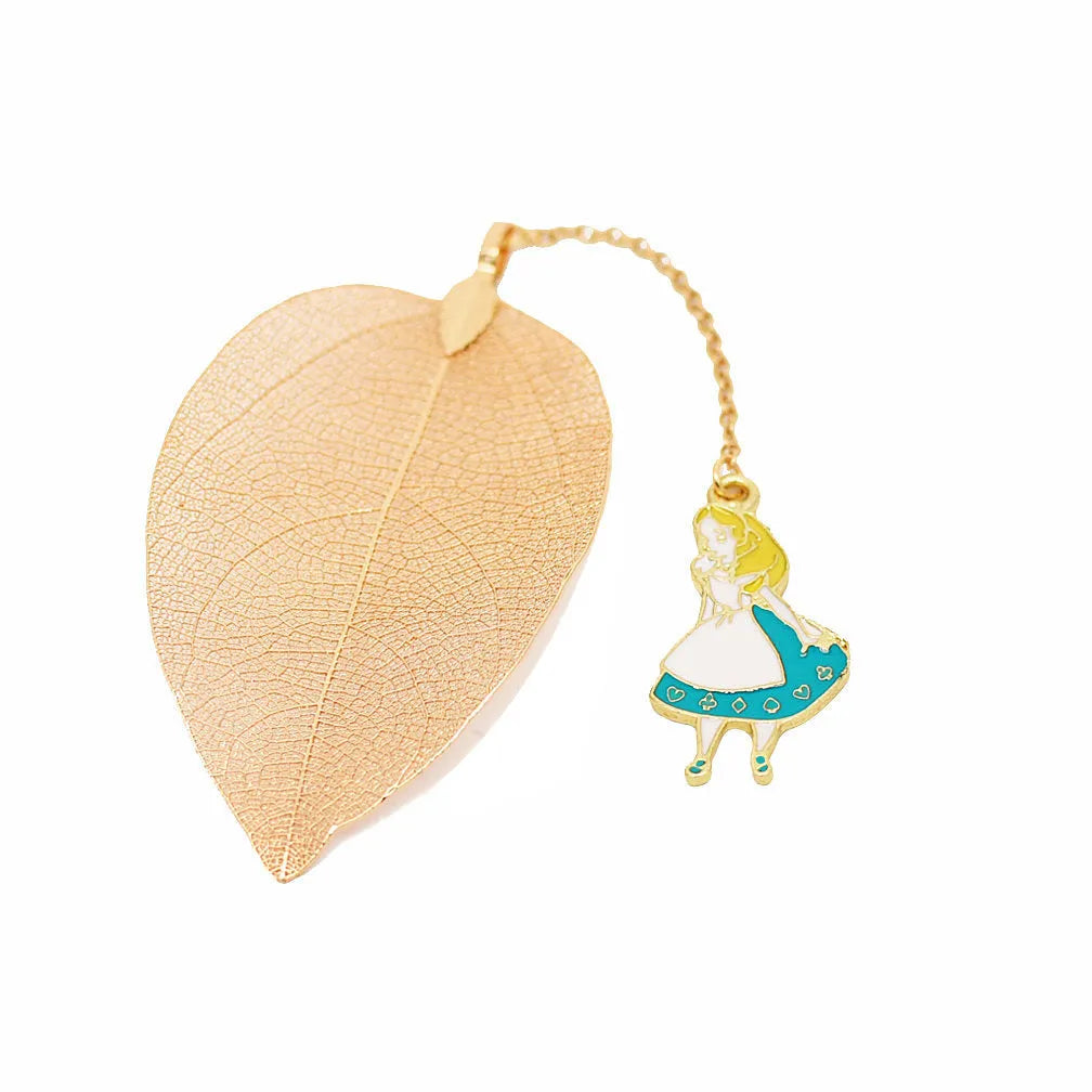 Kc alloy leaf bookmark with a choice of Alice, rabbit, or clock charm, shown with dimensions.
