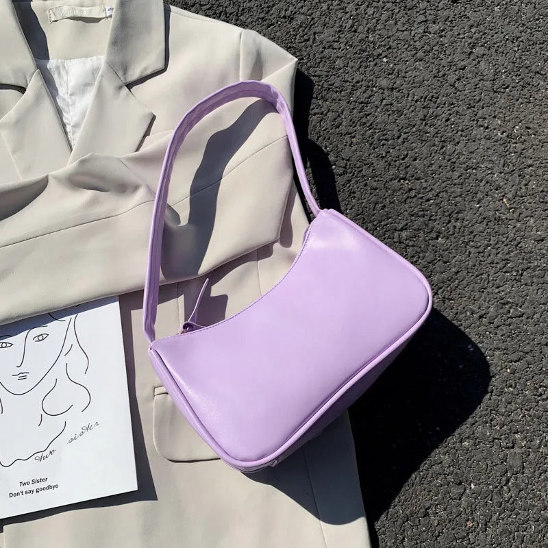 Women's one-shoulder armpit bag in soft PU, horizontal square shape, zip closure, available in 8 colours including white, black, pink, and khaki