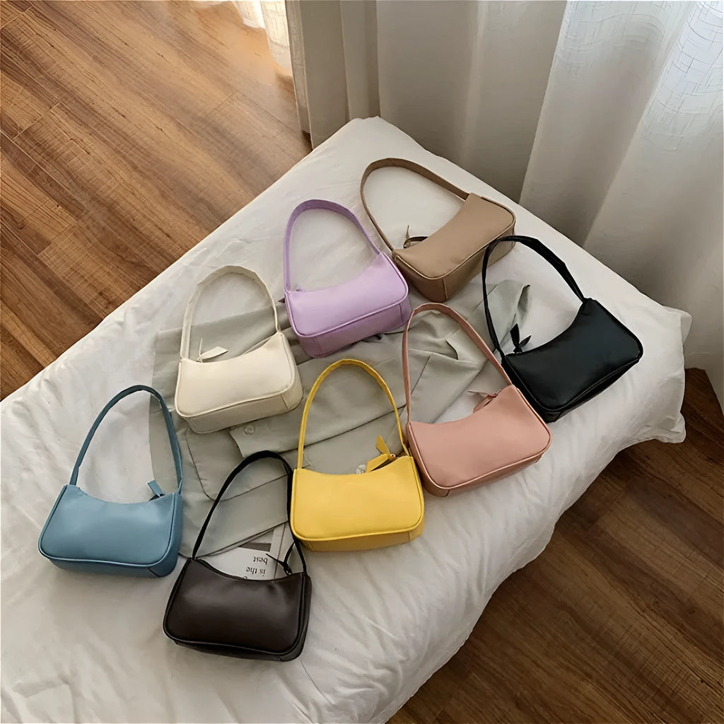 Women's one-shoulder armpit bag in soft PU, horizontal square shape, zip closure, available in 8 colours including white, black, pink, and khaki