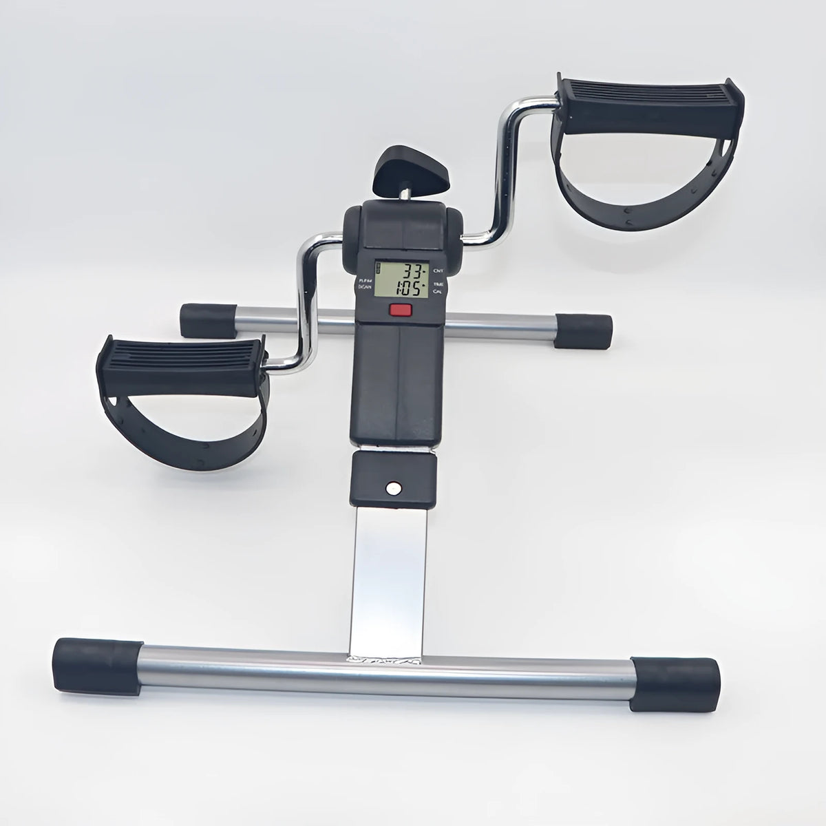 Black mini bike leg trainer with mechanical resistance, rubber and steel body, 36cm by 48cm by 23.3cm