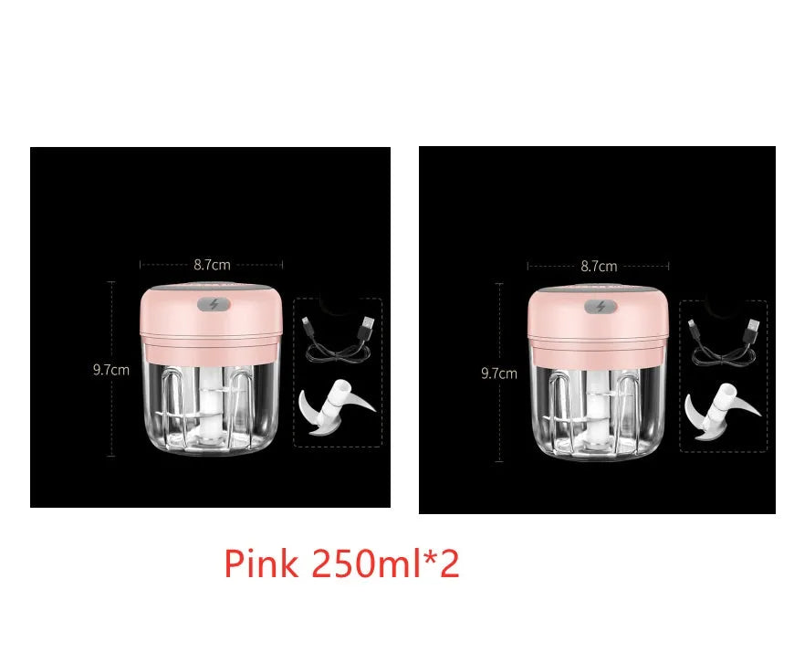 Wireless mini baby food processor in pink with USB charging, 304 stainless steel blade, 100ml or 250ml capacity