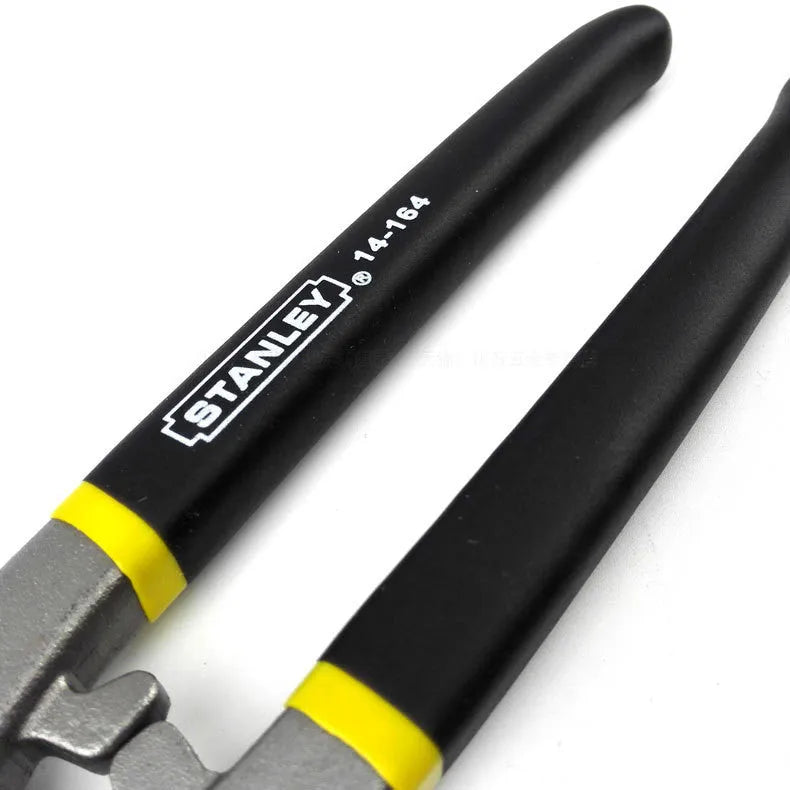 Yellow high carbon steel tin snips with sandblasted finish, 200mm long metal shears
