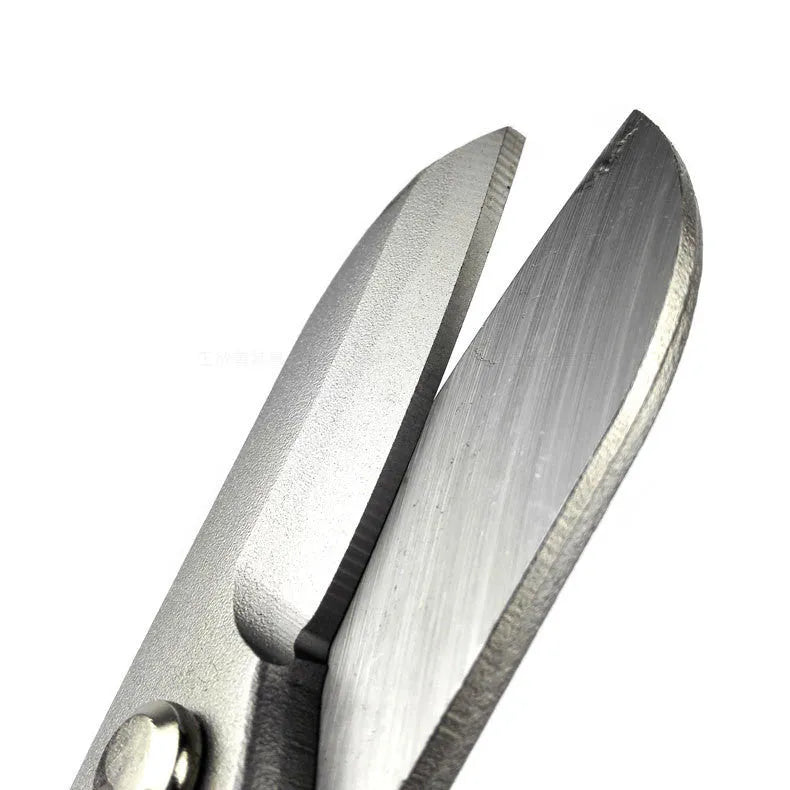 Yellow high carbon steel tin snips with sandblasted finish, 200mm long metal shears