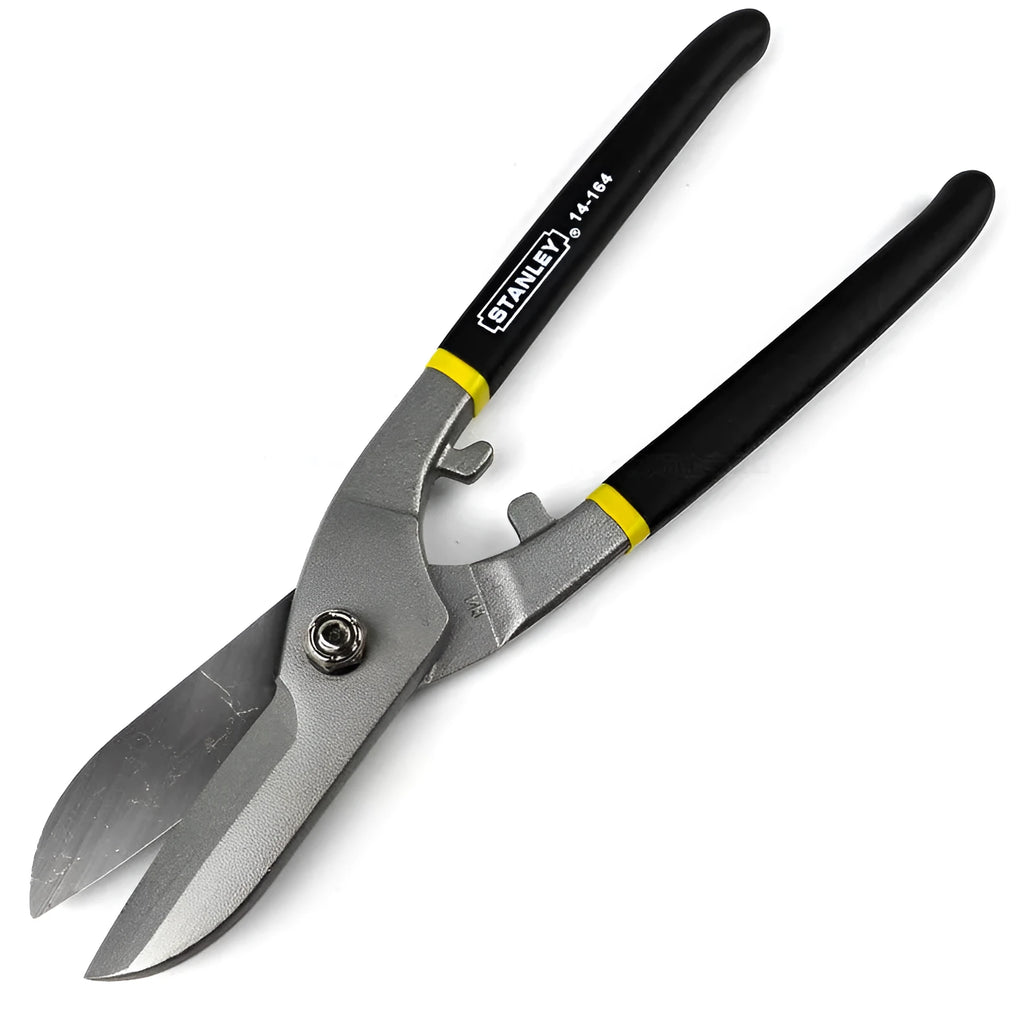 Yellow high carbon steel tin snips with sandblasted finish, 200mm long metal shears