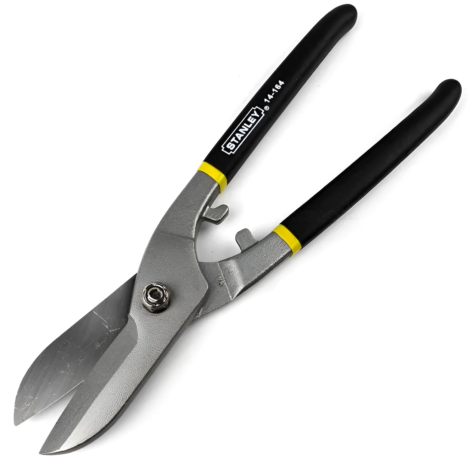 Yellow high carbon steel tin snips with sandblasted finish, 200mm long metal shears
