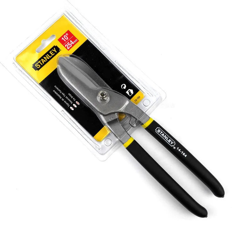 Yellow high carbon steel tin snips with sandblasted finish, 200mm long metal shears