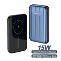 Magnetic wireless charger power bank with 5000mAh battery for iPhone 12 in blue, grey, and light green colours