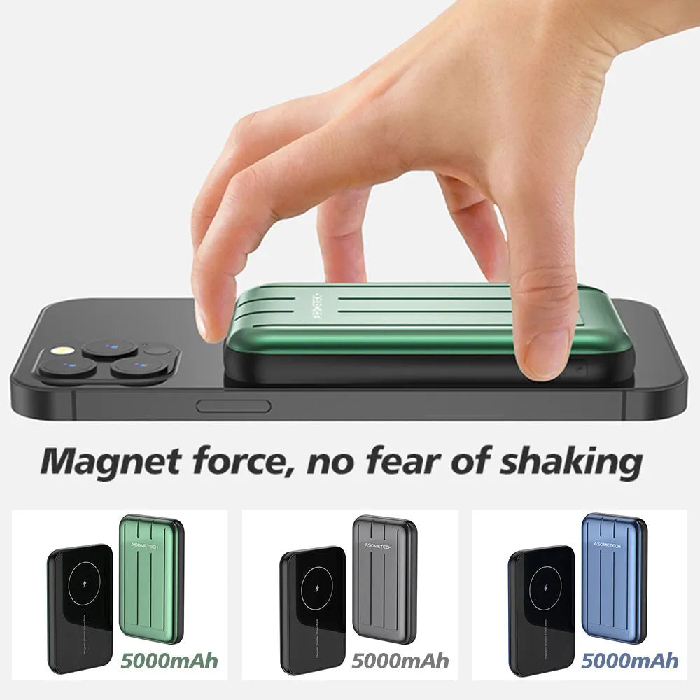 Magnetic wireless charger power bank with 5000mAh battery for iPhone 12 in blue, grey, and light green colours