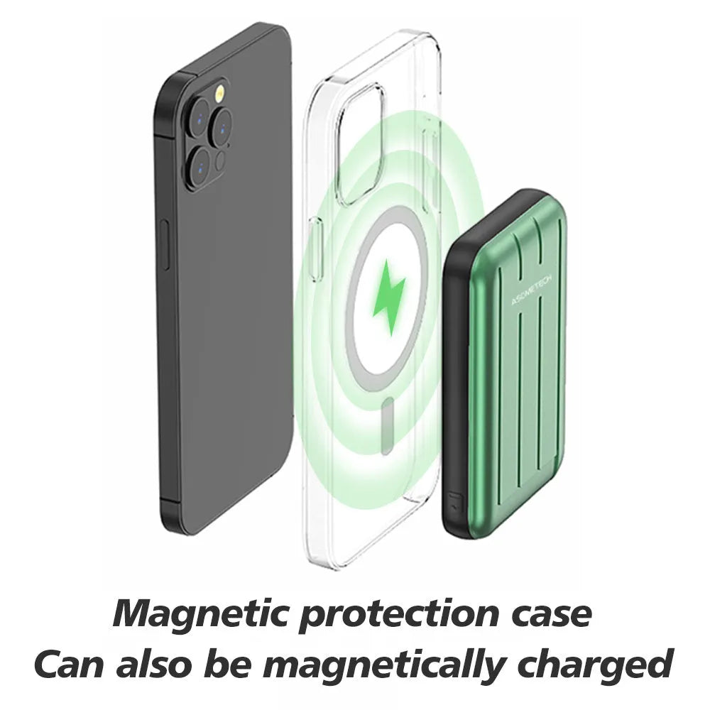 Magnetic wireless charger power bank with 5000mAh battery for iPhone 12 in blue, grey, and light green colours