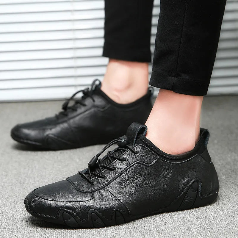 All-match men's lazy driving shoe covers in round toe, flat heel, rubber sole, leather inside, black colour, sizes 38-44