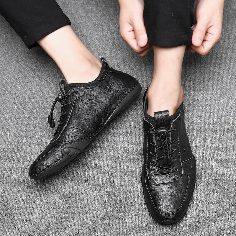 All-match men's lazy driving shoe covers in round toe, flat heel, rubber sole, leather inside, black colour, sizes 38-44