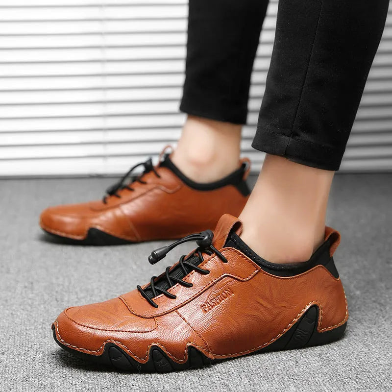 All-match men's lazy driving shoe covers in round toe, flat heel, rubber sole, leather inside, black colour, sizes 38-44
