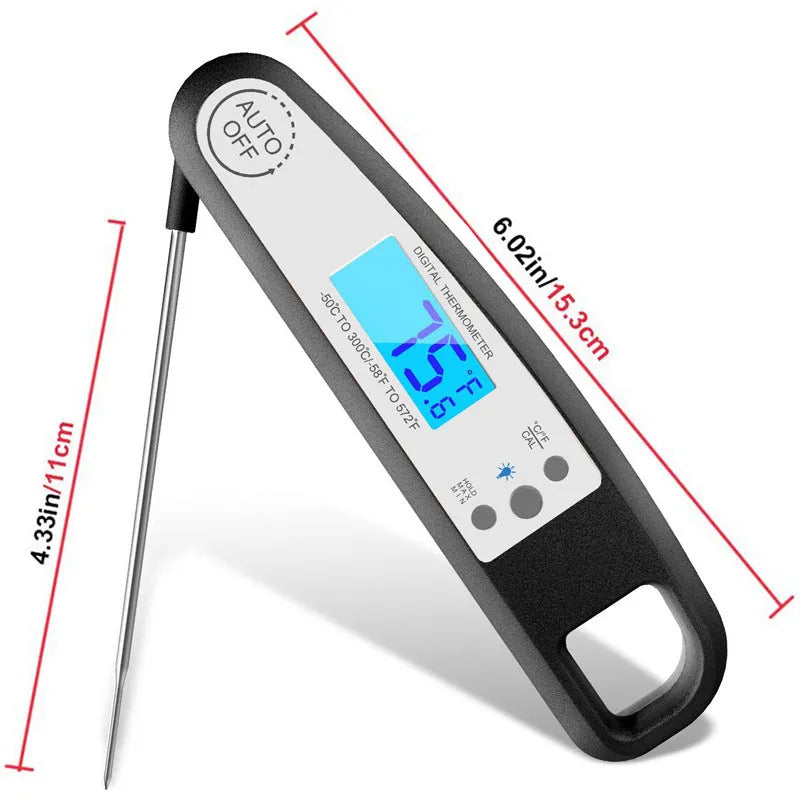 Digital food thermometer with ABS housing showing temperature reading on display, black colour, for meat and baking