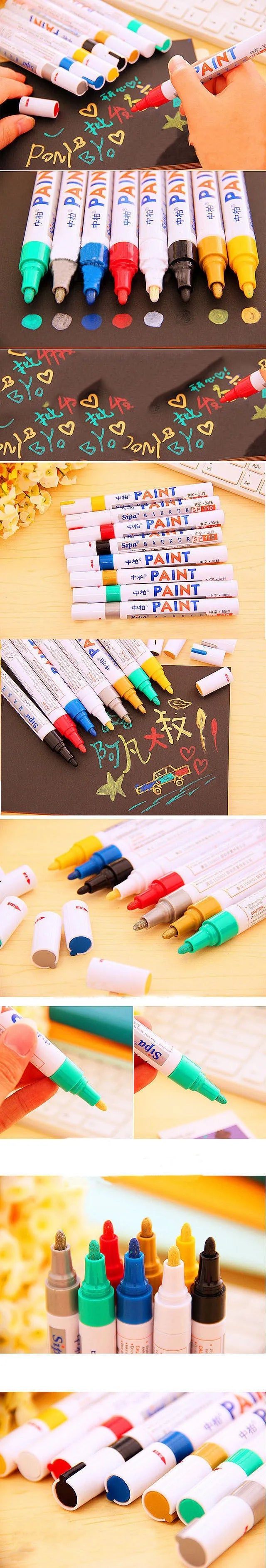 Touch-up paint pen for bicycle frame scratch repair, displayed with eight colour options