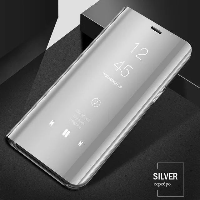 Black flip phone case for Samsung Galaxy with mirror inside cover and extended kickstand.