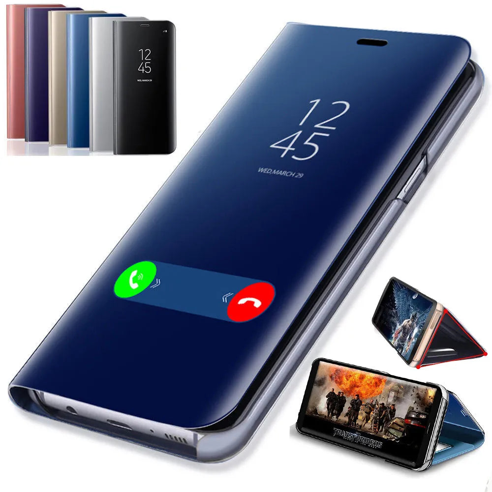Black flip phone case for Samsung Galaxy with mirror inside cover and extended kickstand.