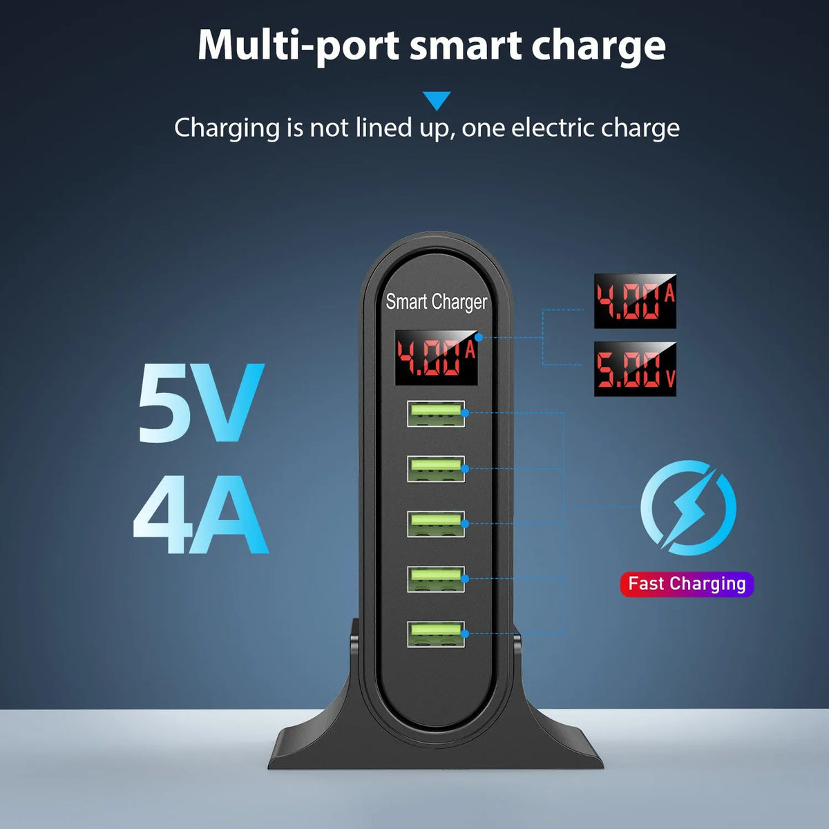 5-port USB digital display charger with LED screen, black, fireproof ABS housing, US plug
