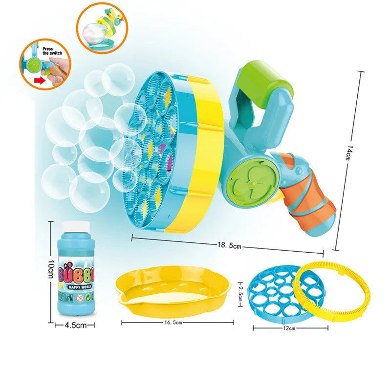 2 in 1 automatic electric bubble machine in blue or yellow, 19x14cm, ABS plastic, low noise motor