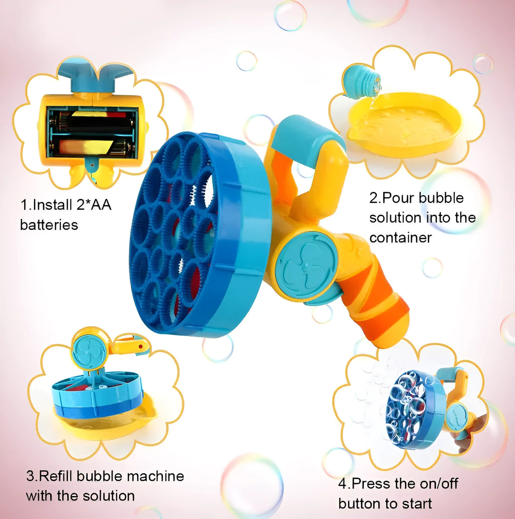 2 in 1 automatic electric bubble machine in blue or yellow, 19x14cm, ABS plastic, low noise motor