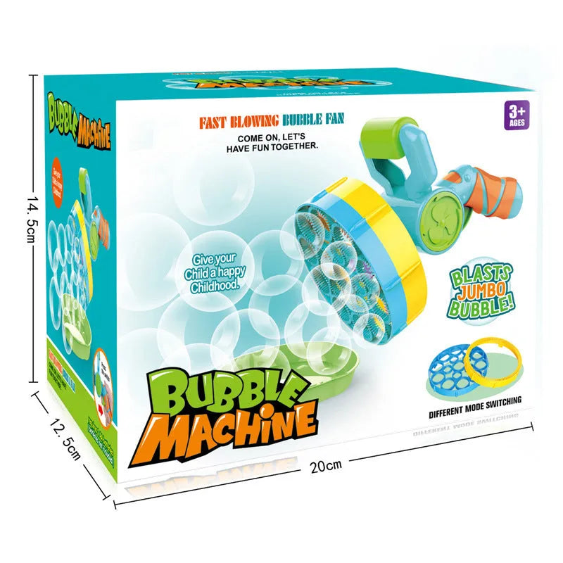 2 in 1 automatic electric bubble machine in blue or yellow, 19x14cm, ABS plastic, low noise motor